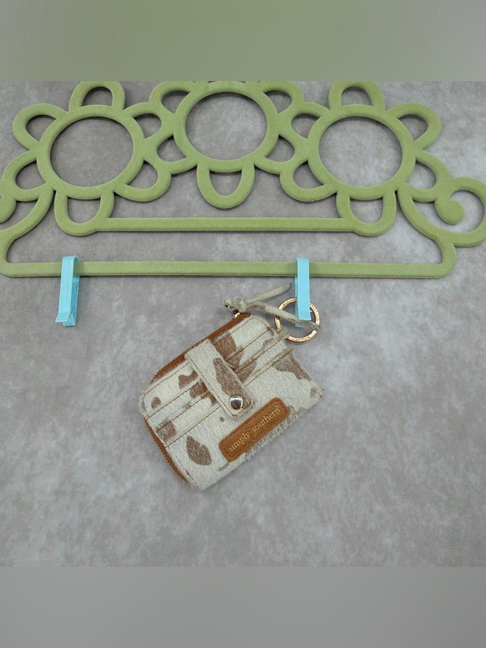 Simply Southern Tan & Cream cow print sparkly fuzzy Key Wallet Keychain